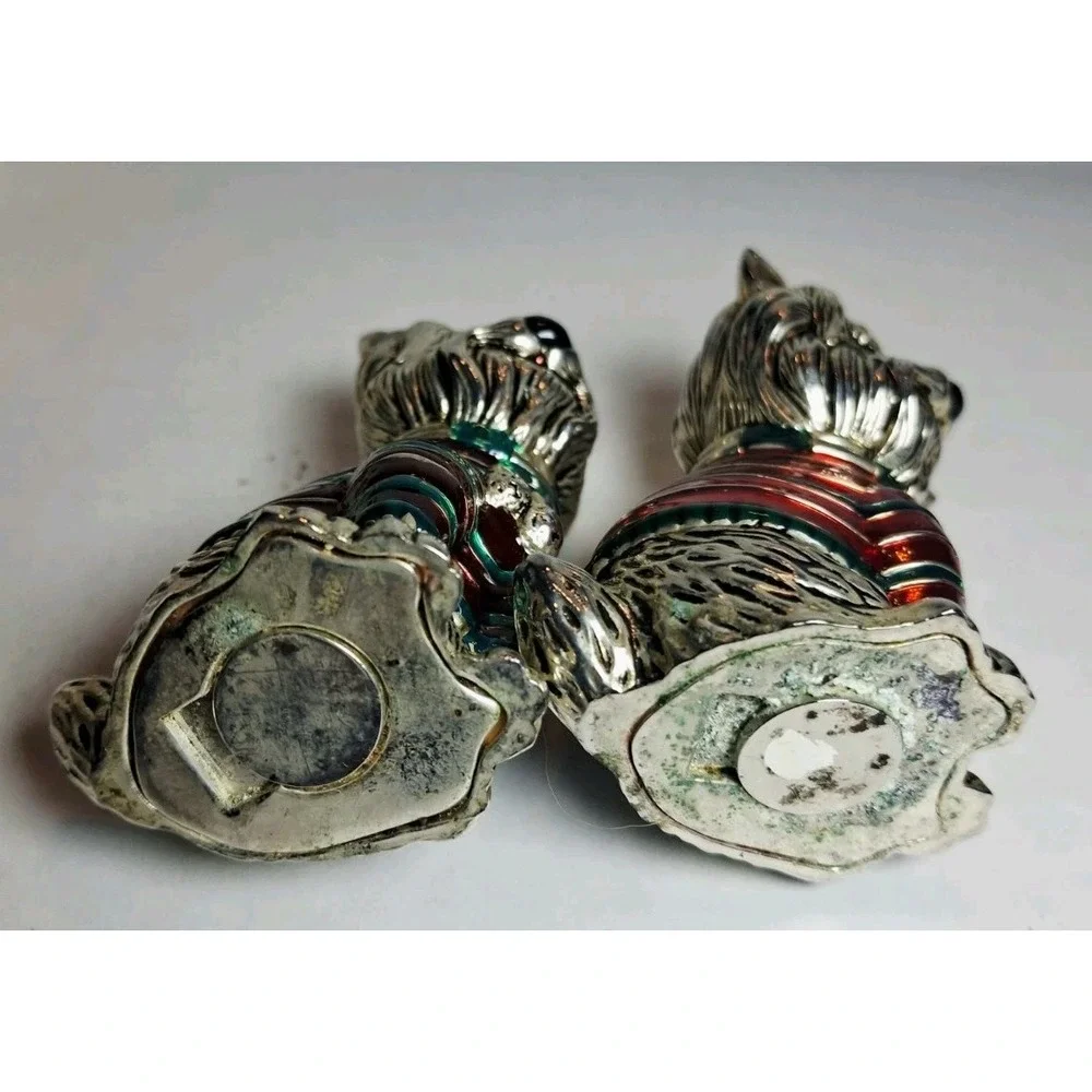 Yorkie Dogs Silver Metal Salt Pepper Shakers Green Red Enamel Sweaters Yorkshire